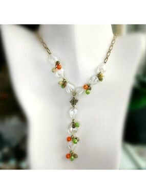 Vintage Czech handmade beaded white milk glass butterfly necklace earring set